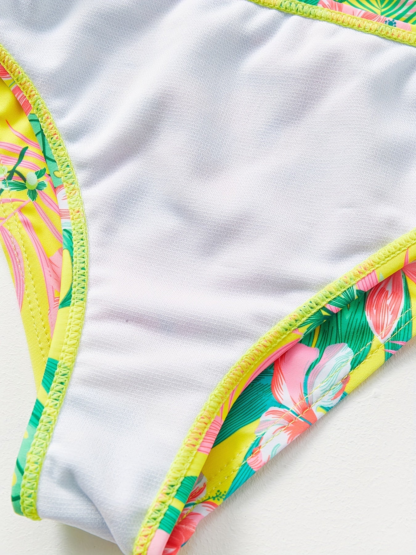 Chic Girls' Tropical Print Bikini Set with Ruffle Trim - Stretchy, Machine Washable Swimwear for Ages 5-14
