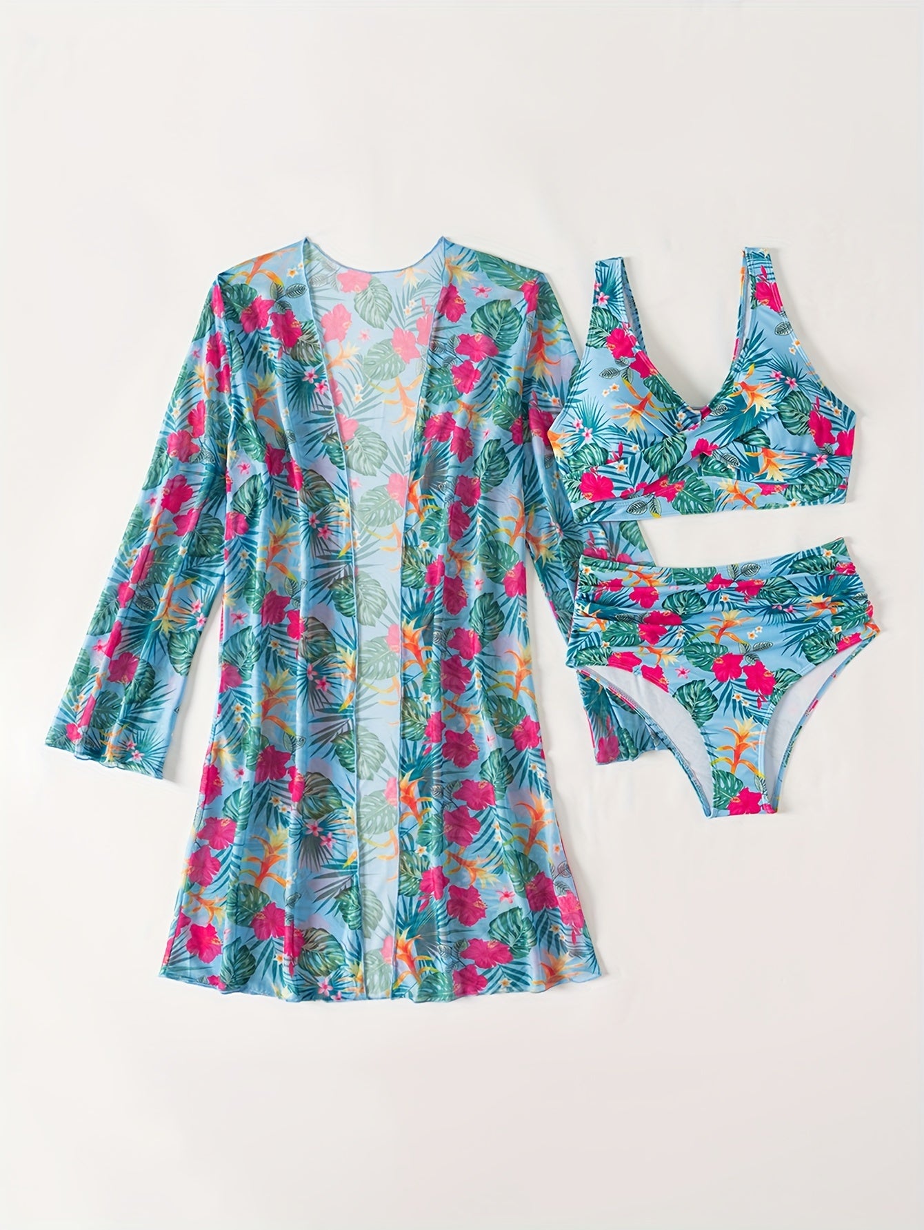 Women's 2025 New Bikini Set, 3-Piece, V-Neck, High Elasticity, Floral Print, Long Sleeves, Sheer Mesh, Knit Fabric, Swimwear, Beachwear