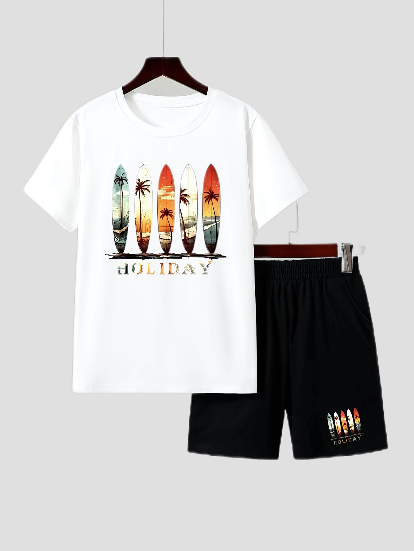 Outdoor Fashion Casual Summer Suit for Medium and Large Boys, Boy's Short Sleeve Set, Boy's Shorts Set, Colorful Print Beach Vacation Style, Perfect for Outdoor