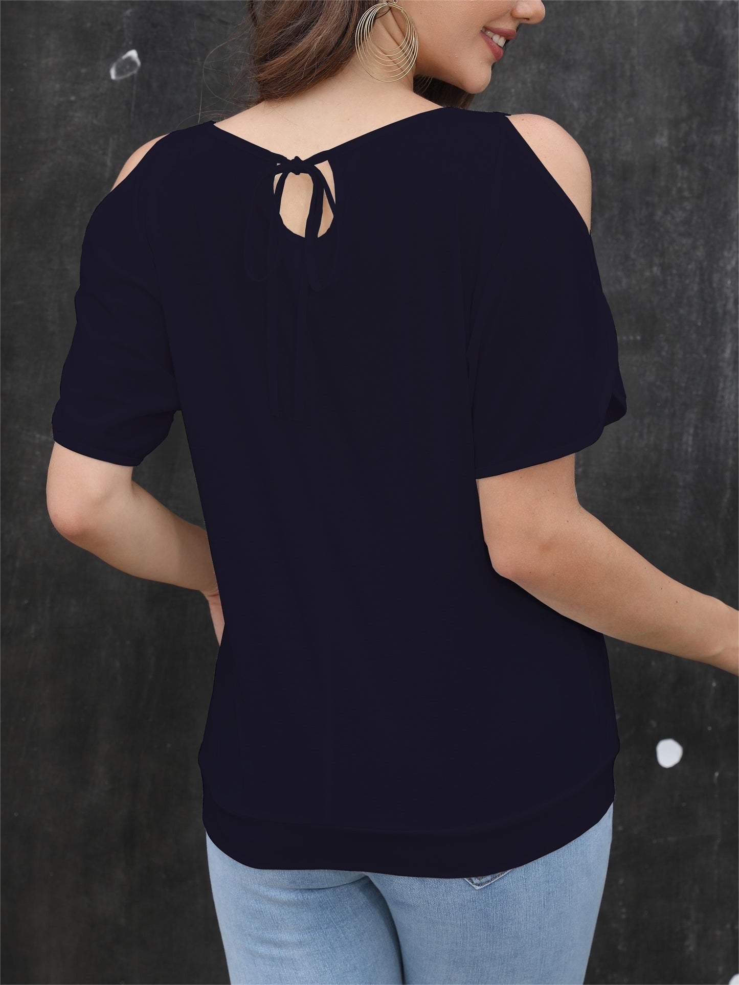 Women's Stylish Off-Shoulder Split Sleeve T-Shirt - Casual Crew Neck, Loose Fit, Solid Color, Polyester Knit Top for Casual Attire, Casual Wear Top | Elegant Style Tee | Soft Fabric Tee, Ladies T Shirts