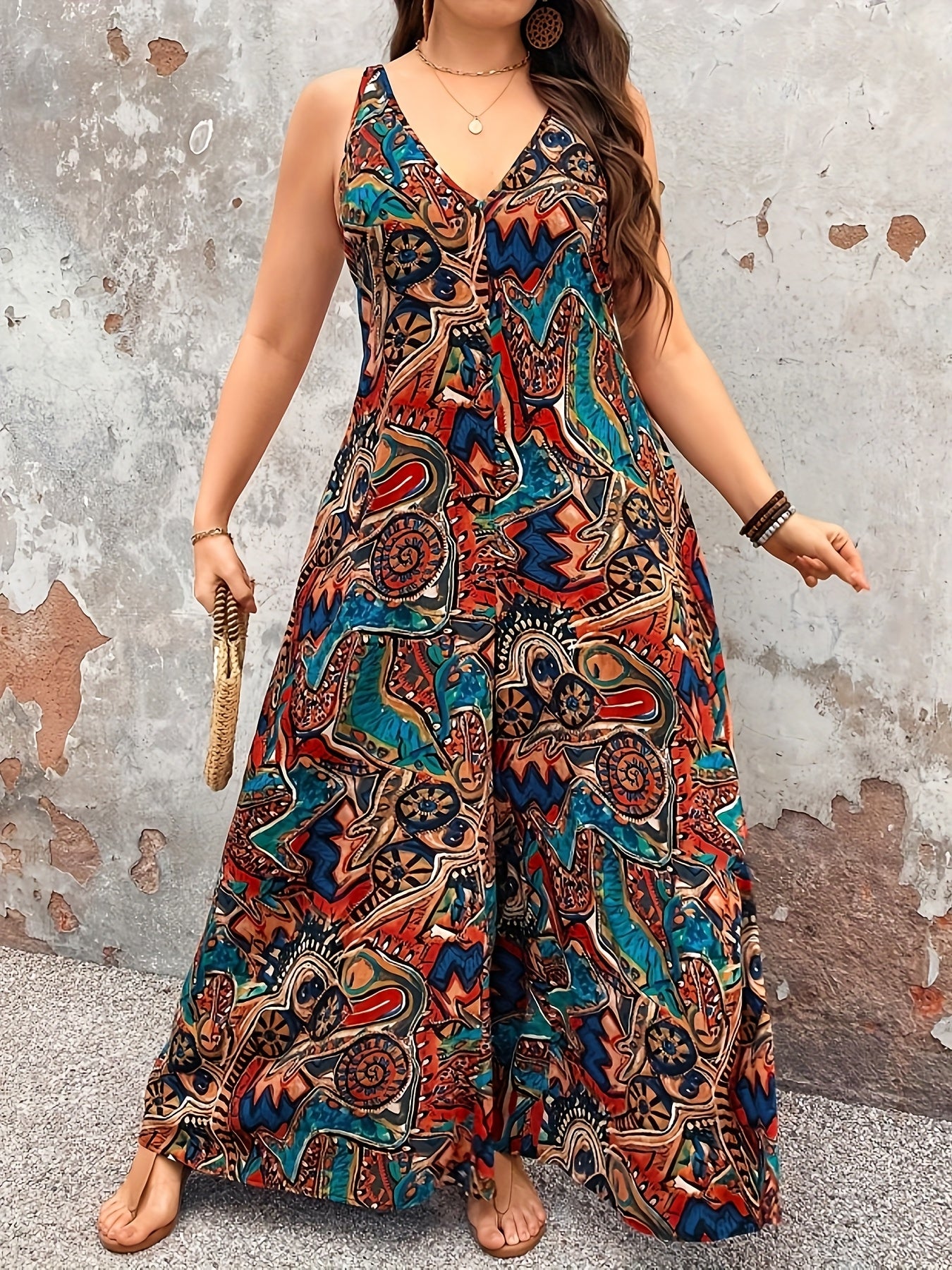 Plus Size Women's Elegant V-Neck Paisley Print Jumpsuit - Bohemian Ethnic Style Machine Washable Midi Jumpsuit for Casual & Formal Occasions, Ladies Jumpsuit, Versatile Fashion, Medium Stretch Fabric
