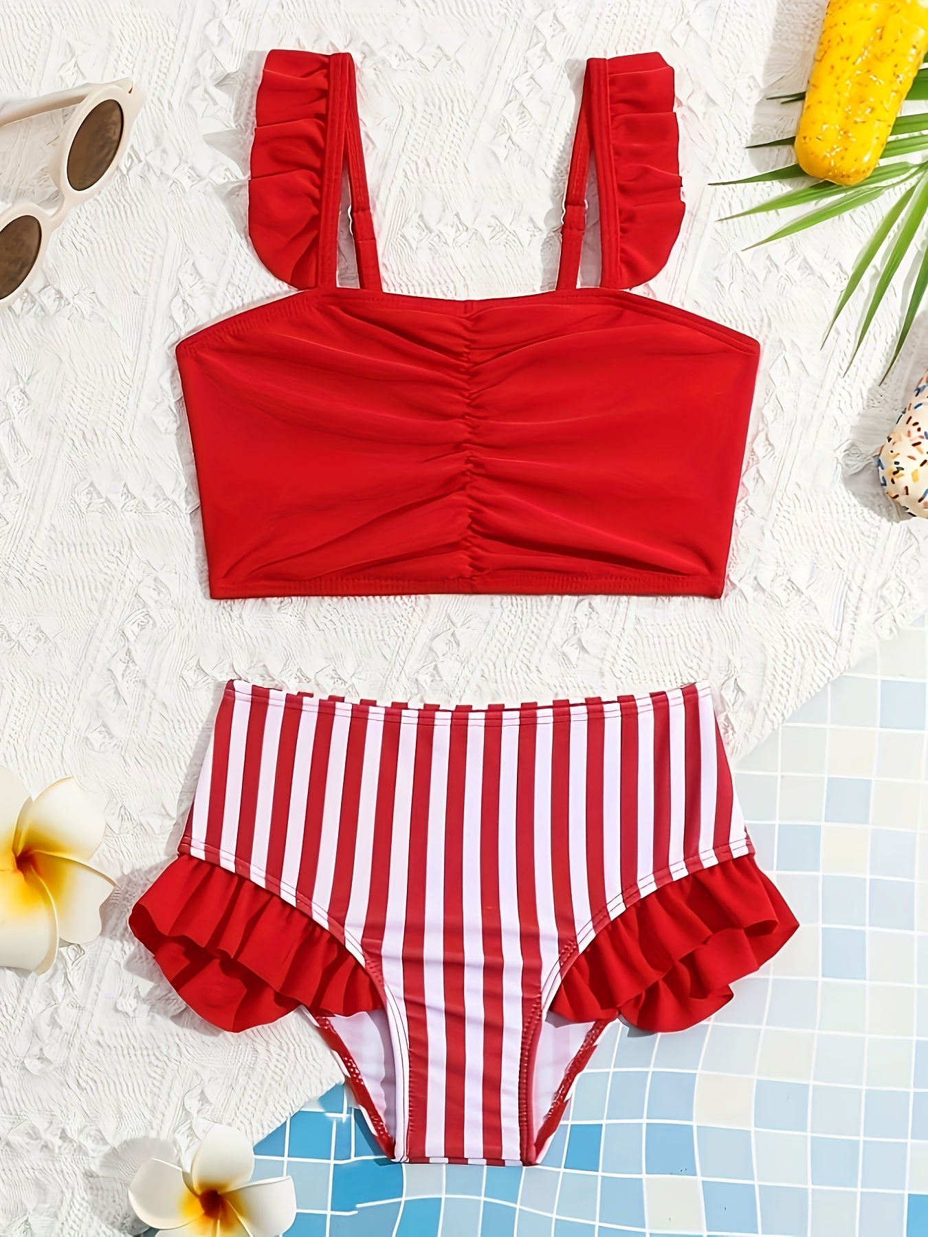 Girls Solid Color Pleated Bikini Set Top Striped Triangle Bottom Bikini Set Summer Beach