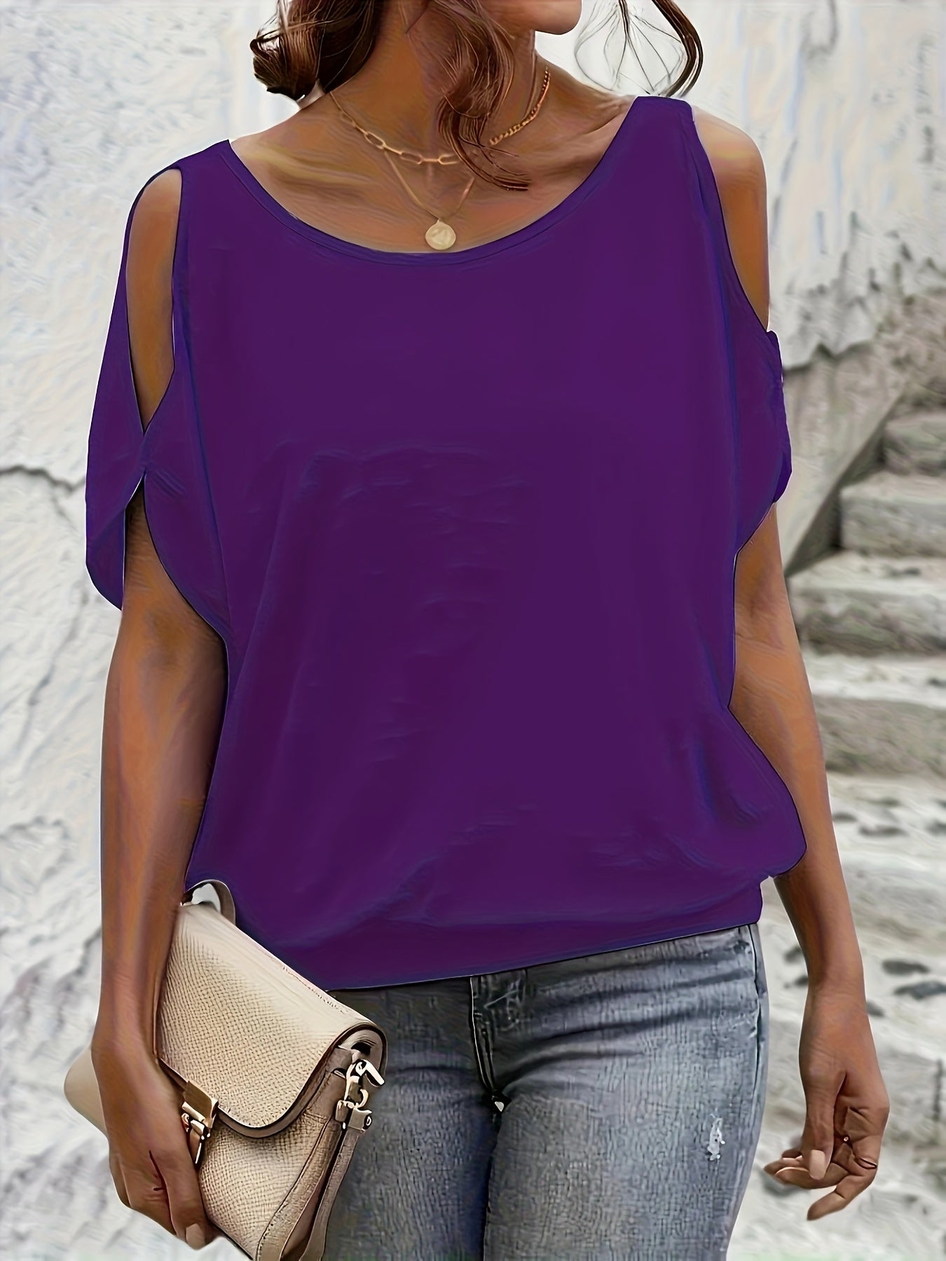 Women's Stylish Off-Shoulder Split Sleeve T-Shirt - Casual Crew Neck, Loose Fit, Solid Color, Polyester Knit Top for Casual Attire, Casual Wear Top | Elegant Style Tee | Soft Fabric Tee, Ladies T Shirts