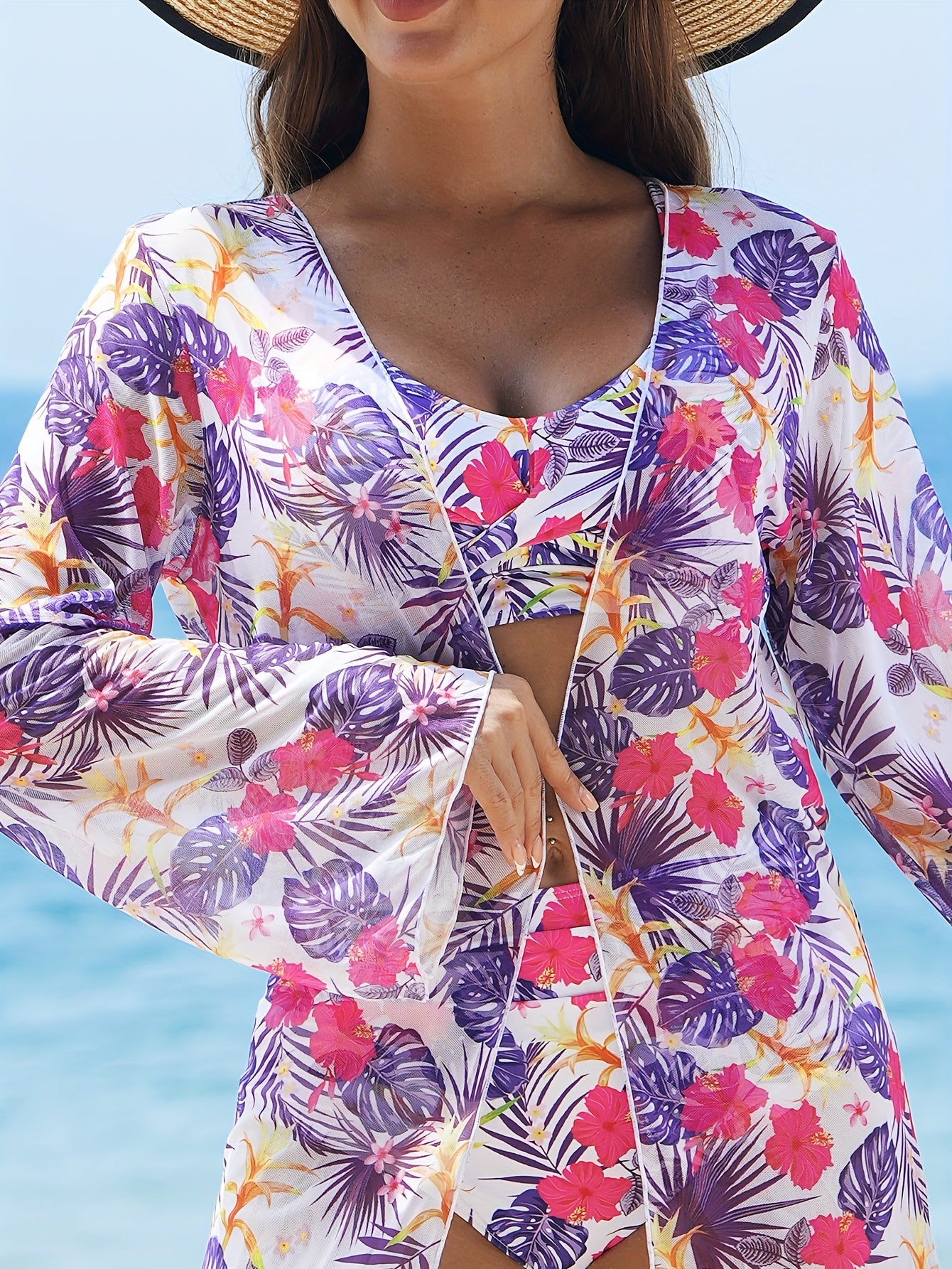 Women's 2025 New Bikini Set, 3-Piece, V-Neck, High Elasticity, Floral Print, Long Sleeves, Sheer Mesh, Knit Fabric, Swimwear, Beachwear