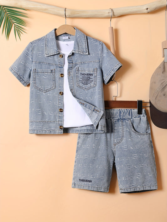 2pcs Boys Casual Letter Jacquard Print Denim Outfit, Versatile Short Sleeve Jacket & Shorts Set, Cool, Lightweight And Comfy Summer Clothes For Outdoor Wear