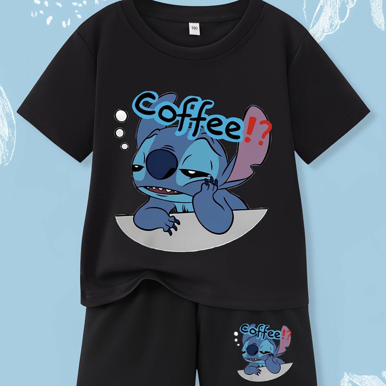 Stitch Coffee Graphic T-Shirt & Shorts Set - Casual Summer Outfit for Boys and Girls, Breathable Knit Fabric, Perfect for Daily Wear and Outdoor Activities, Ideal Holiday Gift, Youngsters Casual Wear|Playful Design|Comfortabl