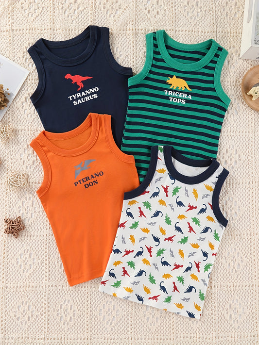 4-Pack Toddler Boys' Cotton Tank Tops, Casual Dinosaur Print Sleeveless Shirts, Round Neck, Knitted Fabric, Regular Fit, All Seasons Outfit Set