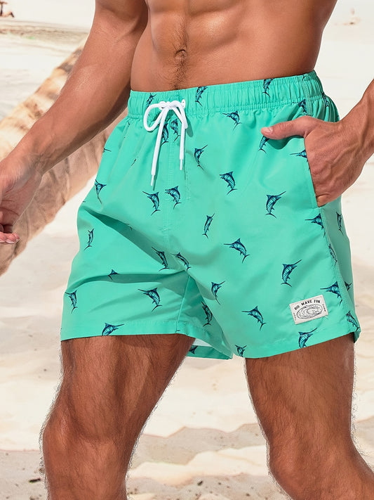 Men's Quick-Dry Swim Trunks with Dolphin Print - Drawstring Waist, Pockets, Lightweight Polyester, Perfect for Beach, Pool, and Outdoor Activities