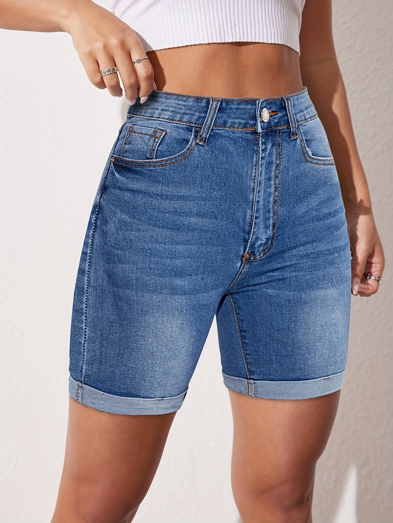 Women'S High-Stretch Denim Shorts - Slim Fit, Casual Mid-Thigh Length, Light Blue Washed Jean Shorts for Spring/Summer, Versatile & Breathabl