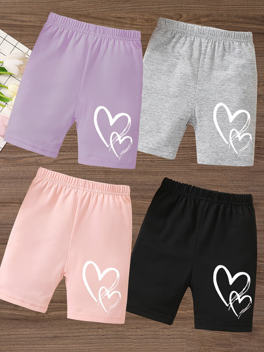 Girls 4pcs/set Doodled Hearts Graphic Print Shorts, Girls Casual & Comfy Clothes