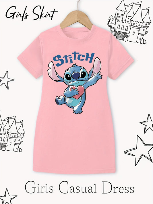 [Authorized] Disney Stitch Print Fashion Girls Summer Dress, Round Neck, Short Sleeves, Cute Cartoon Stitch Print Dress for Girls - with Fun Stitch, Great for Teenagers Daily Wear, Suitable for Birthday Gifts