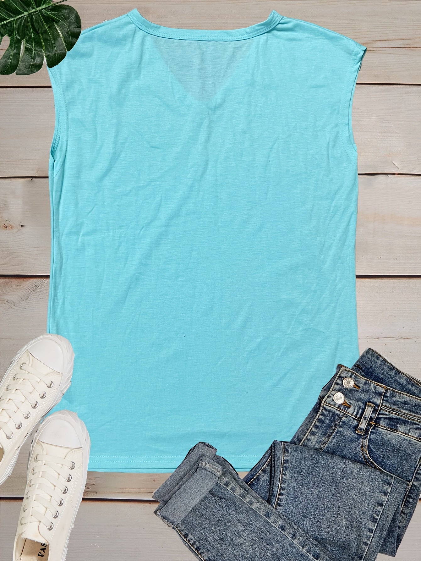 Lotus Print V Neck Tank Top, Cap Sleeve Casual Top For Summer & Spring, Women's Clothing