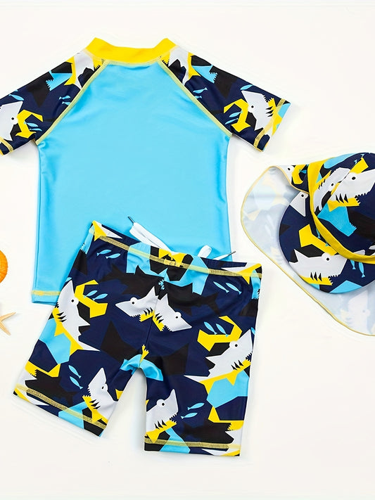 3pcs Boys Color Block Shark Print Short Sleeve Crew Neck Top & Cute High Stretch Breathable Shorts & Hat, Swimsuit Set Kids Summer Beach Clothes Bathing Suits