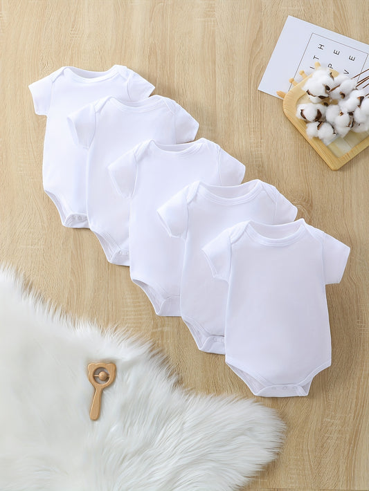 5pcs Newborn Infant Solid Color Romper Short Sleeve Crew Neck Bodysuit Onesies For Baby Girls And Boys, Suitable For Indoor And Outdoor Wear
