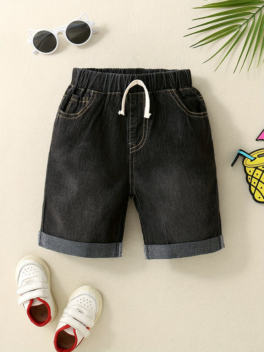 Boy's Summer Casual Imitation Denim Shorts - Solid Color, Comfort Fit with Elastic Waist & Drawstring Detail, Machine Washable