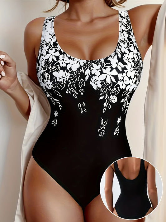 Women's Sporty One-Piece Swimsuit with Black & White Floral Print - Push-Up High Elasticity Swimsuit, Removable Chest Pads, Backless Design & Machine Washable for Beach, Pool, Swimming, High Waisted Swimsuit, Beachwear, Pools