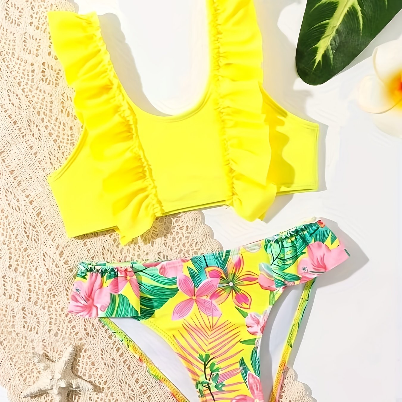 [1set Tropical Floral Print Girls' Bikini] 1set Tropical Floral Print Girls' Bikini Set, V-Neck Ruffle Detail, Knitted Polyester & Spandex, Stretchy Swimwear for Kids