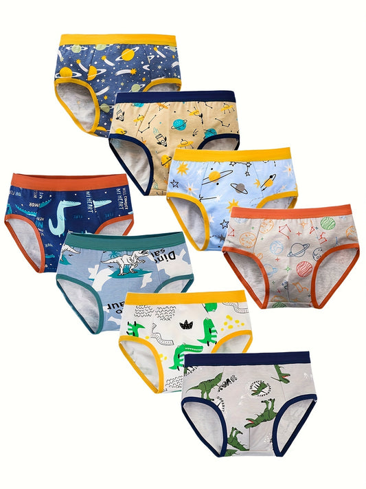 8Pcs Newest Boys Triangle Briefs, Planet Dinosaur Pattern Kids Trunk Underwear, Soft Breathable Skin-Friendly Students Children's Underpants