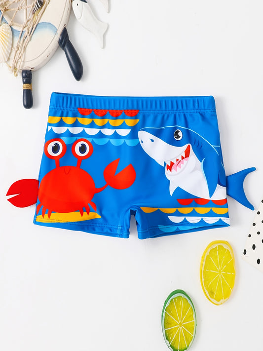 Toddler Boys Cartoon Crab And Shark Graphic Swim Shorts For Swimming Beach Trunks Kids Summer Clothes
