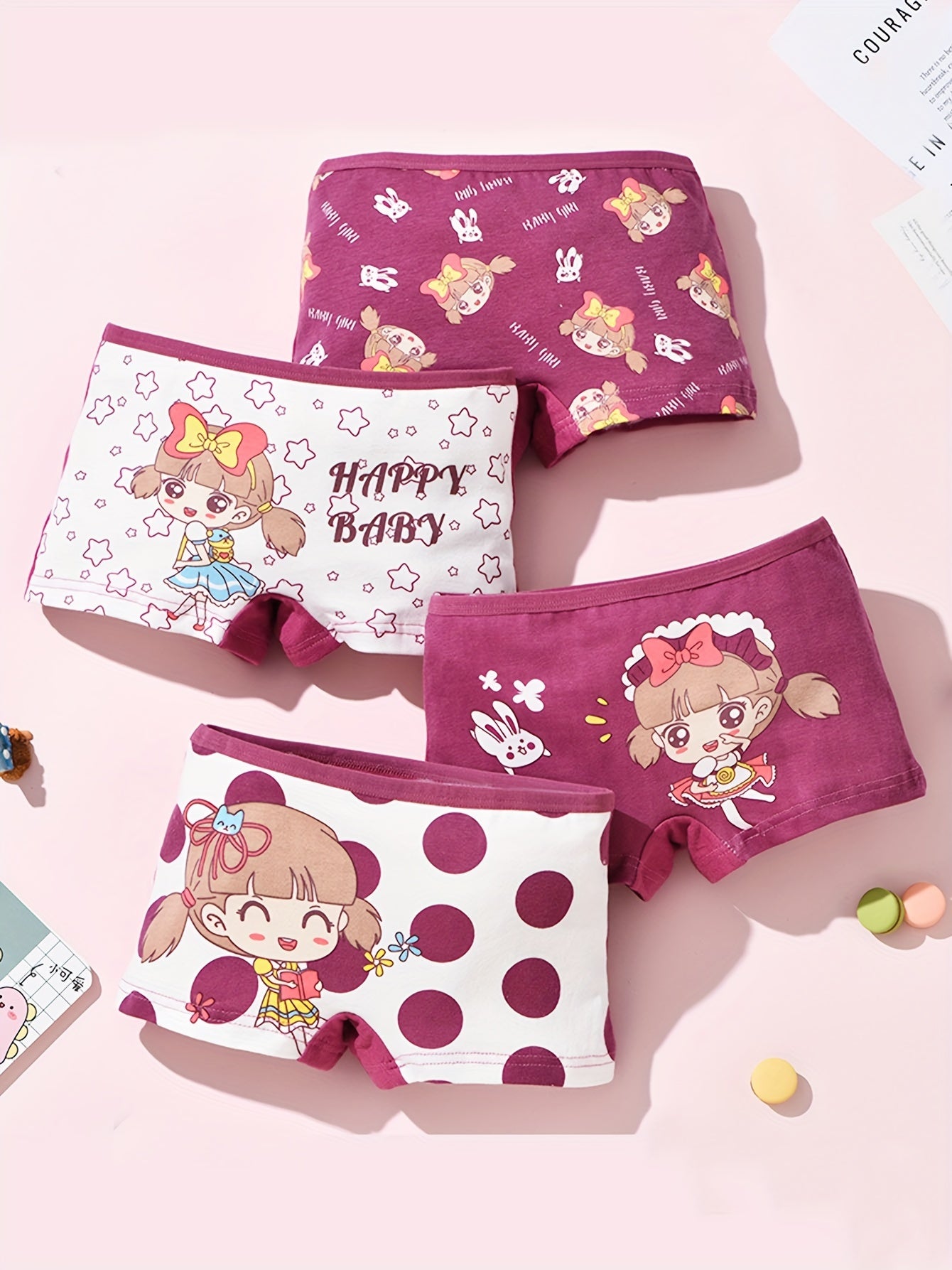 4pcs Cute Girls' Cotton Boxer Briefs with Cartoon Print - Breathable, Sweat Absorbent & Comfort Fit for All Seasons, Double-layer Crotch, 95% Cotton