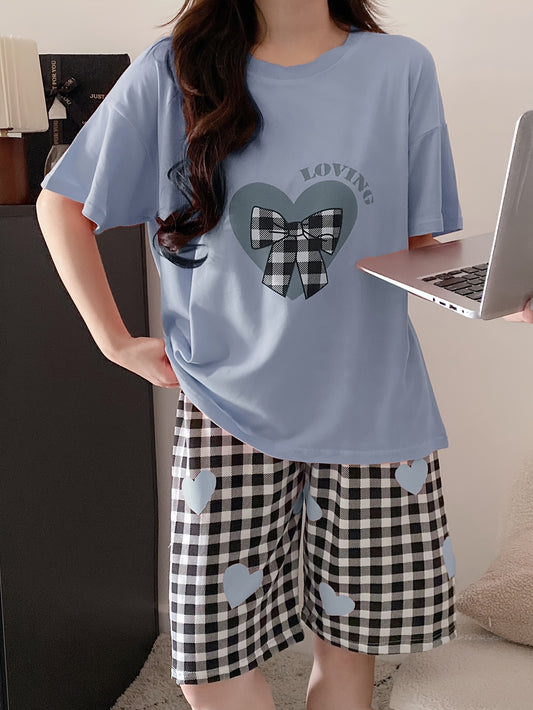 Women's Heart & Plaid Bow & Letter Print Casual Loose Fit Pajama Set, Short Sleeve Round Neck Top & Shorts, Comfortable Relaxed Fit