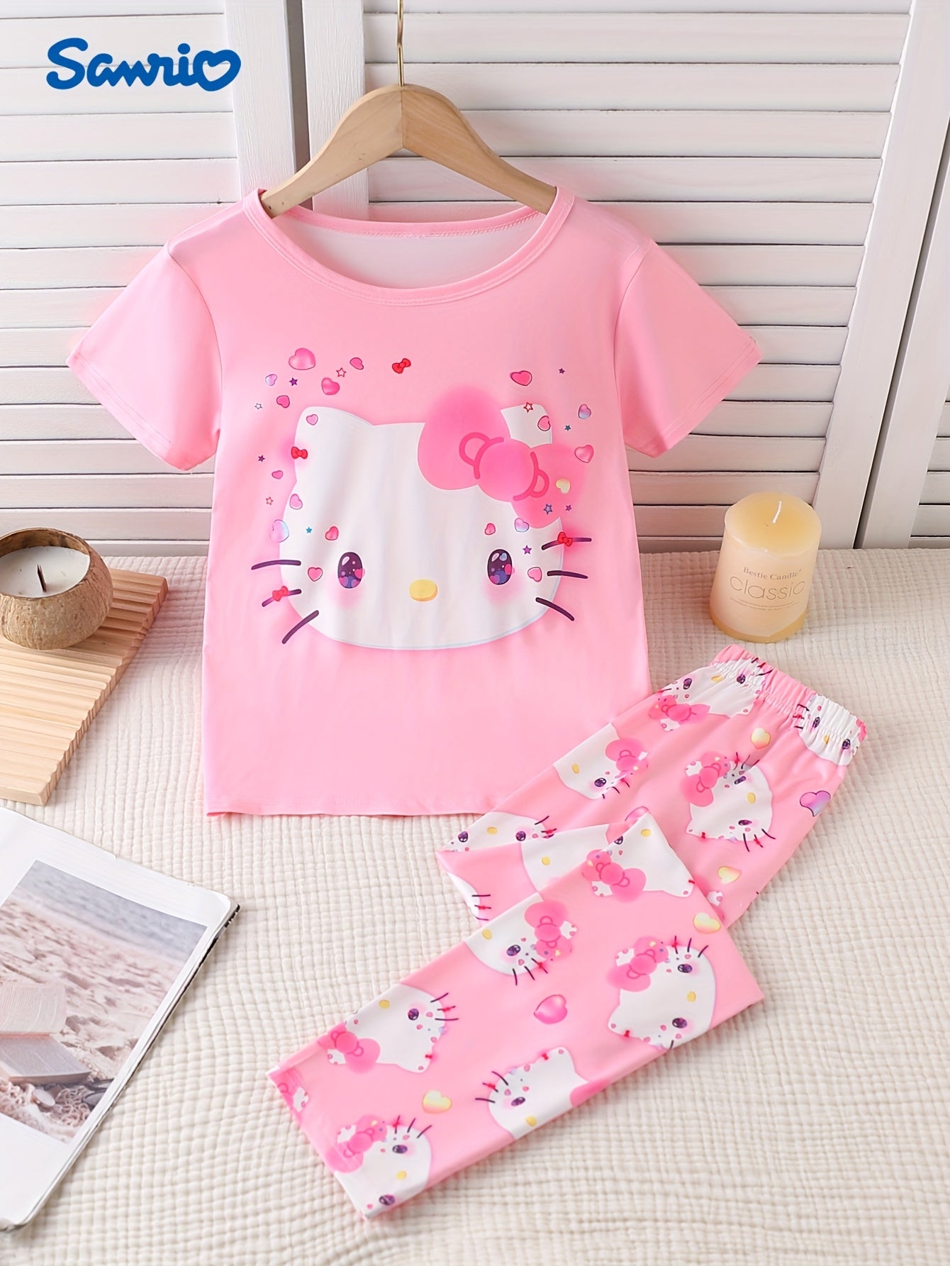 Sanrio for hello kitty Flame-Resistant Female Heart Pajama Top + Shorts Home Wear Two-Piece Set