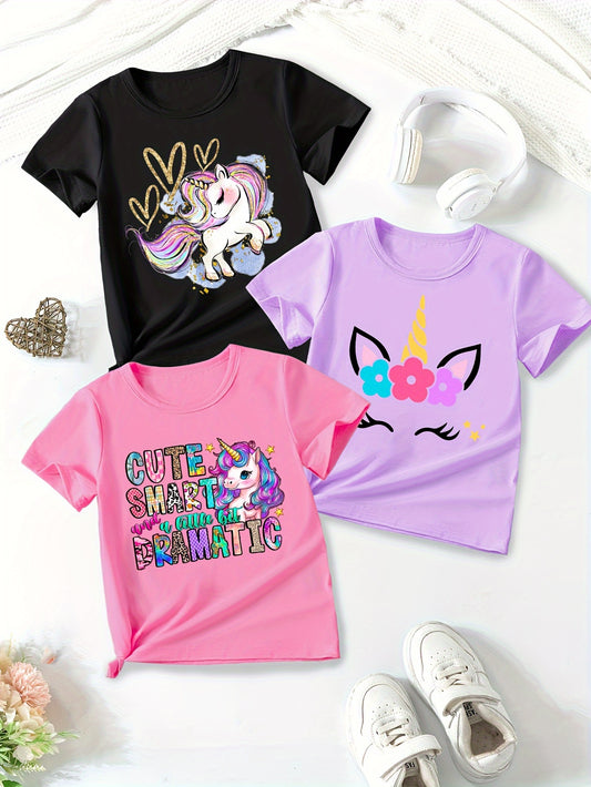MILKYSHIP 3pcs Girls' Summer Unicorn & Letter Print T-Shirts - Cute, Casual Short Sleeve Tees for Youngsters, Leisure Style, Conventional Version, Xia