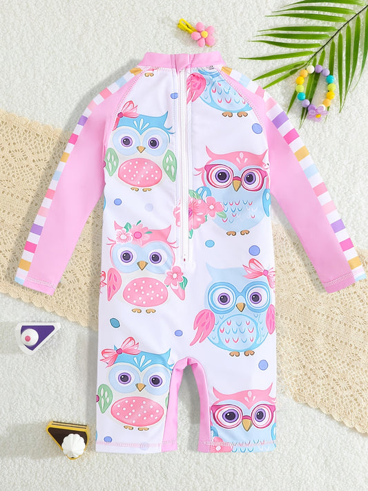 1pc Long Sleeve Swimsuit Little Girl Baby Kids Girls Spa Children's Swimsuit Cartoon Owl Pattern Design, Swimwear, Body Suit