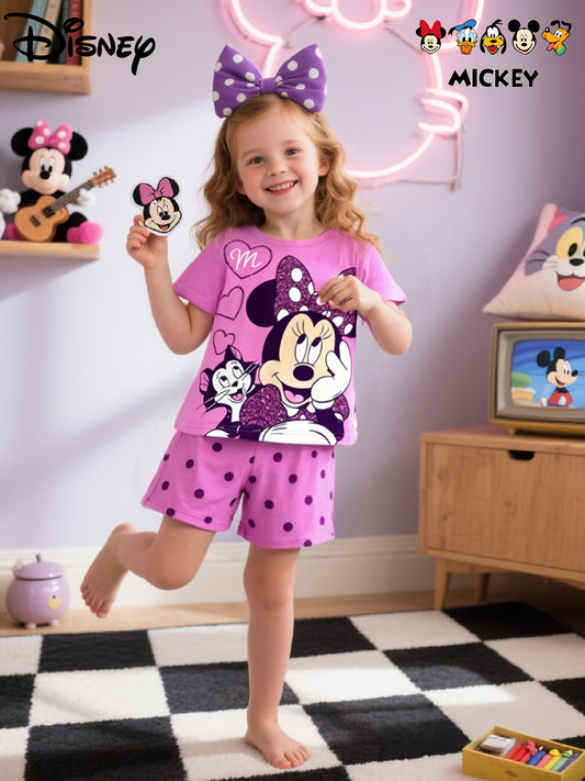 Minnie Mouse & Cat Print Purple Pajama Set for Girls - Fire Resistant Fabric, Short Sleeve Shirt & Shorts with Polka Dot Design, Cute Casual Home Wear, Minnie Mouse Ears, Crew Neck, Summer Pajama
