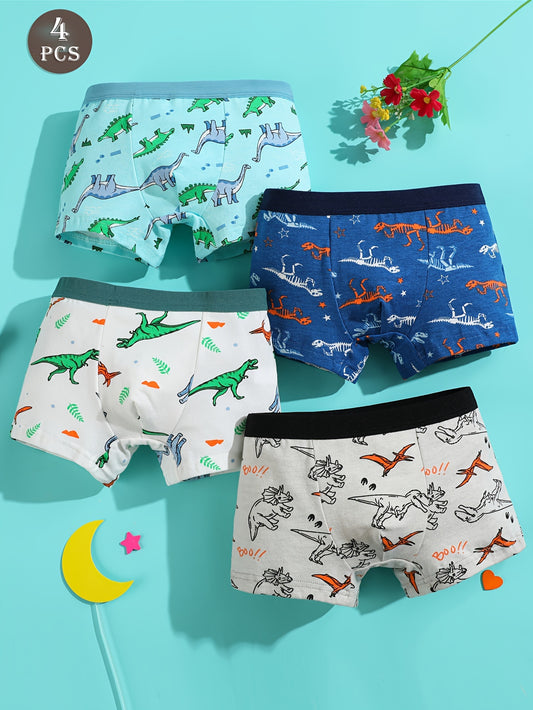 [4pcs Cute Dinosaur Print Boys' Boxer Briefs] 4-Pack Cute Dinosaur Print Cotton Boxer Briefs for Boys, Soft Knit Underwear with Medium Elasticity, Regular Fit - Boys' Cotton Underpants