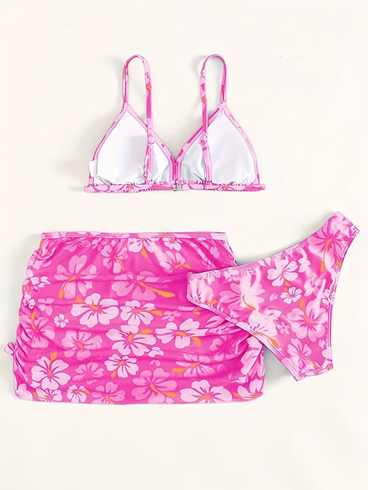 3pcs Bikinis for Teen Girls Bathing Suits Swimsuit with Cover Up Skirt Youngsters Cute Floral Print Swimwear Fashion Hawaiian Style Bathing Suit Beachwear Quick-Dry Beach Swimming Costume 13-16Years