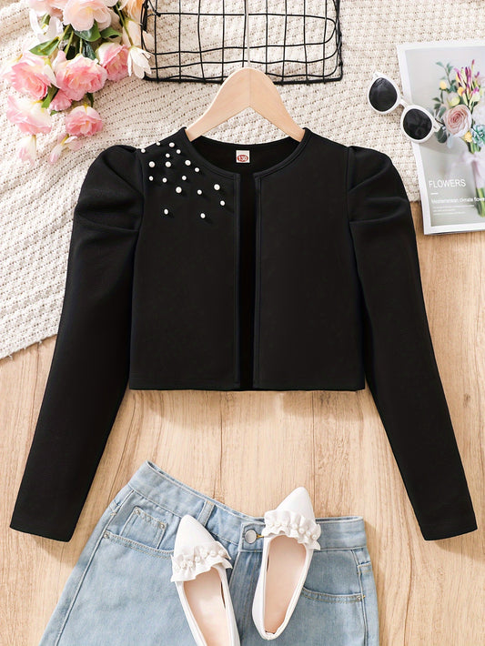 Autumn Girls' Long-Sleeve Shawl Collar Beaded Short Jacket