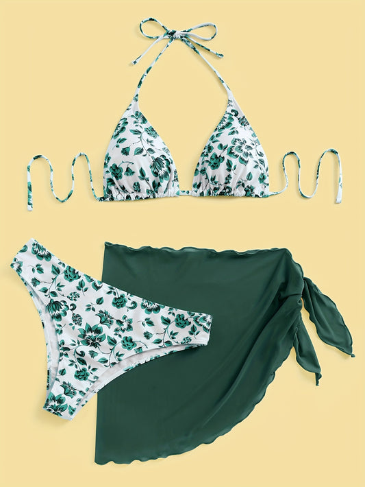 Women'S Floral Print Halter Neck Lace-Up Bikini Set with Sheer Sarong - Polyester and Elastane Blend, High Stretch Knit Fabric, Casual Sleeveless Beachwear