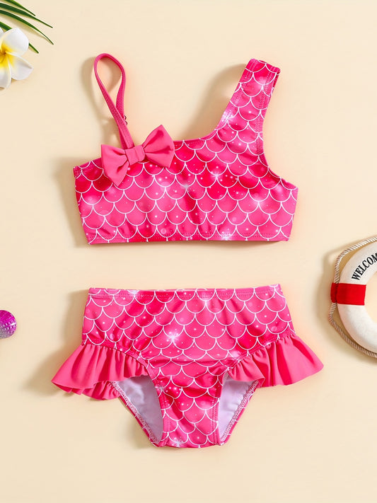 Adorable Girls' Mermaid-Inspired One-Shoulder Swimsuit Set with Bow Detail - Stretchy, Non-Transparent Fabric in Pink Fish Scale Pattern for Beach & Pool Parties