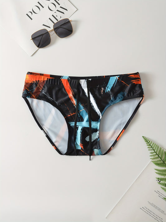 Men's Quick-Dry Swim Briefs - Vibrant Tropical Print, High-Elasticity Polyester & Elastane Blend, Professional Training & Competition Gear with Drawstring, Ideal for Beach & Poolside Activities
