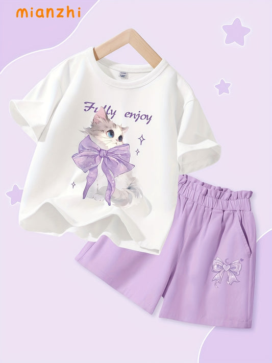 [MIANZHI Kids Shop 25% Off]Girls' Soft Cotton Short-Sleeve T-Shirt with Stylish Cute Flower Bud Waist Shorts 2pcs Set, Diagonal Pockets, Bow Print, Suitable for Sports And Casual Wear, Summer Girls' Top And Pants, for Outdoor