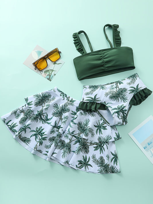 Tropical Leaf Girl's 3pcs Swimsuit, Ruched Bikini Set + Cover-up Tiered Skirt Swimwear Set, Beach Seaside Pool Bathing Suits