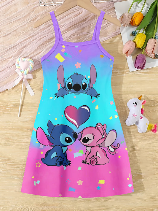 Kids' Stitch & Lilo Rainbow Spaghetti Dress - Lightweight & Breathable with Vibrant 3D Cartoon Print, Soft & Comfortable Sleeveless Design for Spring, Summer, and Fall Outdoor Fun