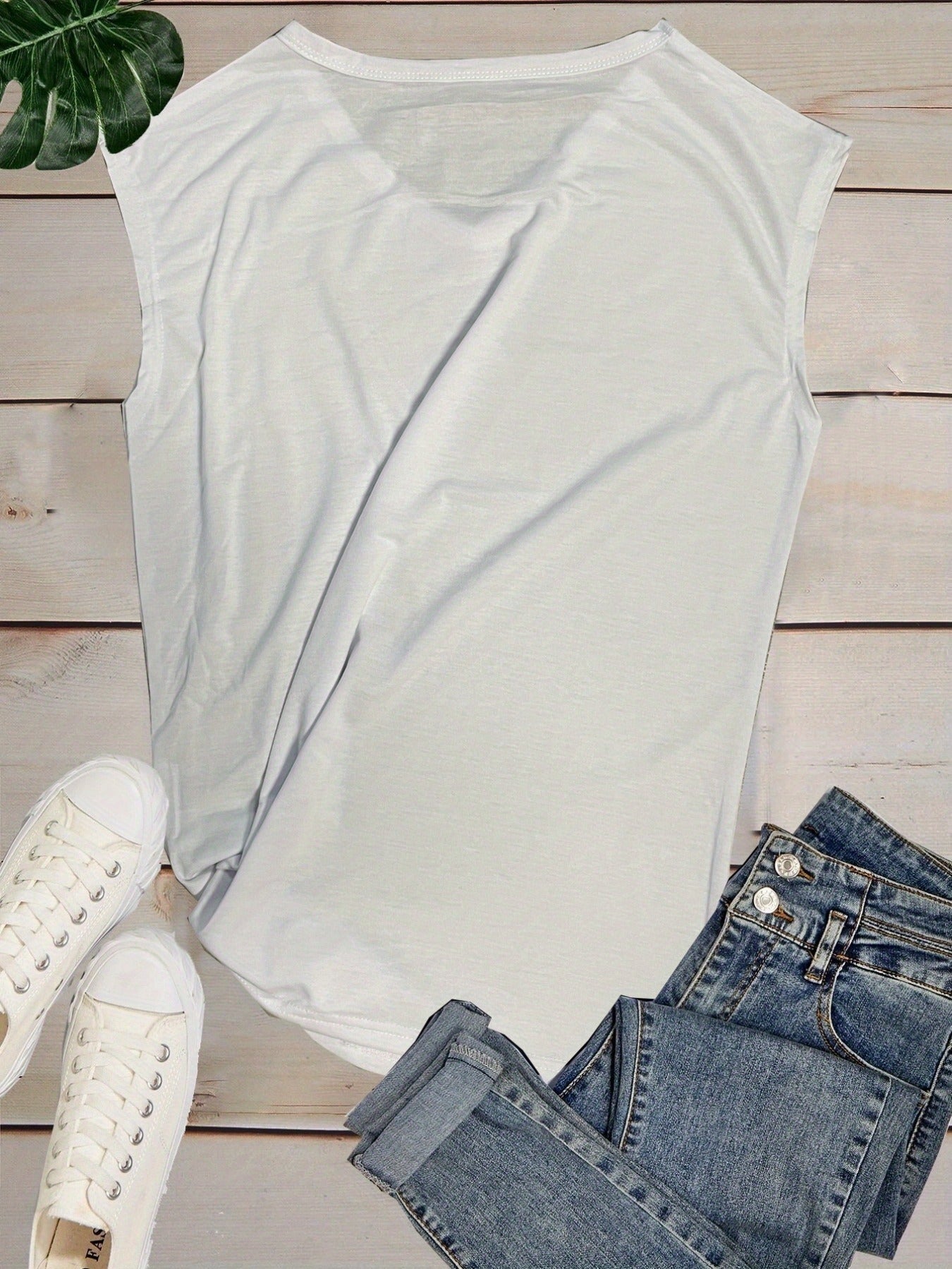 Lotus Print V Neck Tank Top, Cap Sleeve Casual Top For Summer & Spring, Women's Clothing