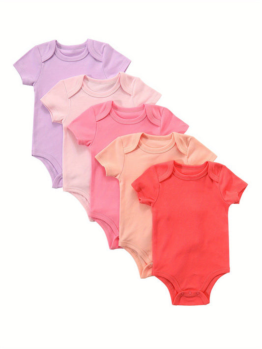 5-Pack Baby Girls Onesies, Short Sleeve Bodysuits, 100% Cotton Candy Color Outdoor Rompers For Newborn And Infants