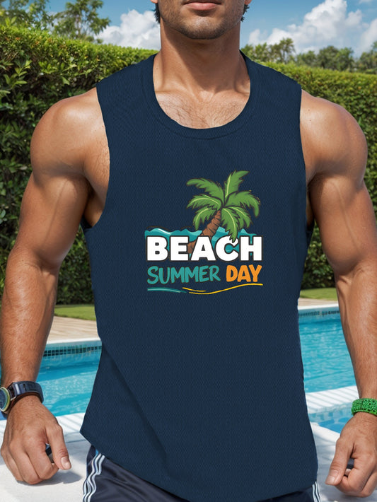 Men's Quick-Dry Sleeveless Tank Top - "Beach Summer Day" Graphic Design with Palm Tree & Sunburst Pattern, Maroon Color, Lightweight Polyester for Casual Summer Wear, Beach Attire | Vibrant Summer Vest | Polyester Fabric