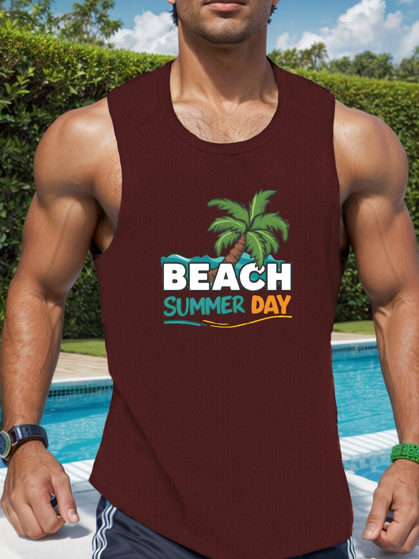 Men's Quick-Dry Sleeveless Tank Top - "Beach Summer Day" Graphic Design with Palm Tree & Sunburst Pattern, Maroon Color, Lightweight Polyester for Casual Summer Wear, Beach Attire | Vibrant Summer Vest | Polyester Fabric