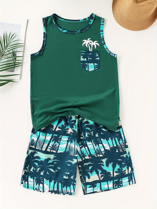 Set of Two Tropical Plant Print Outfits for Boys, for Outdoor