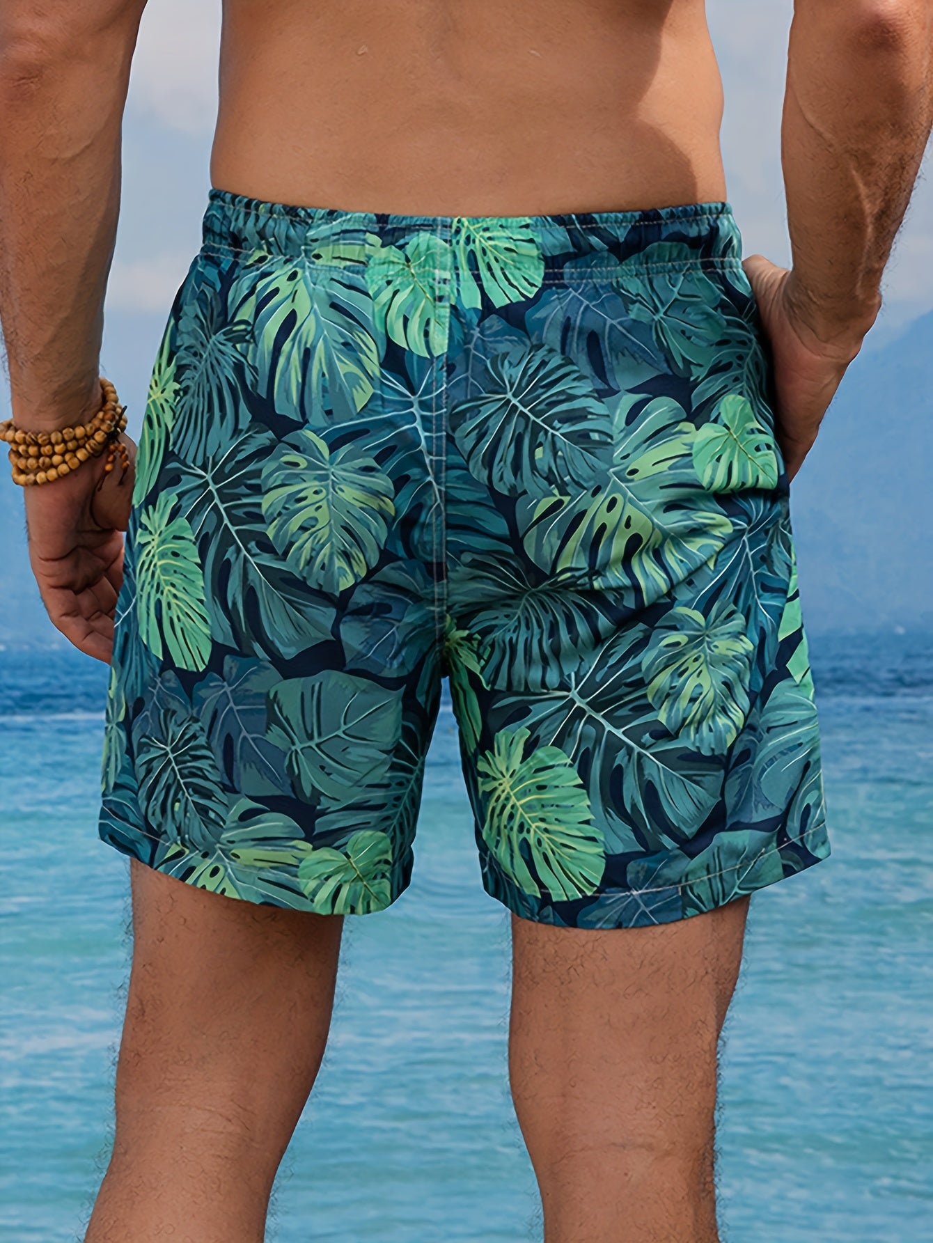 Men's Tropical Palm Leaf Board Shorts - Quick-Dry, 100% Polyester, Casual Beach & Surf Rescue Design with Pockets, Ideal for Summer Vacations, Beach Parties & Water Activities, Beach Accessories