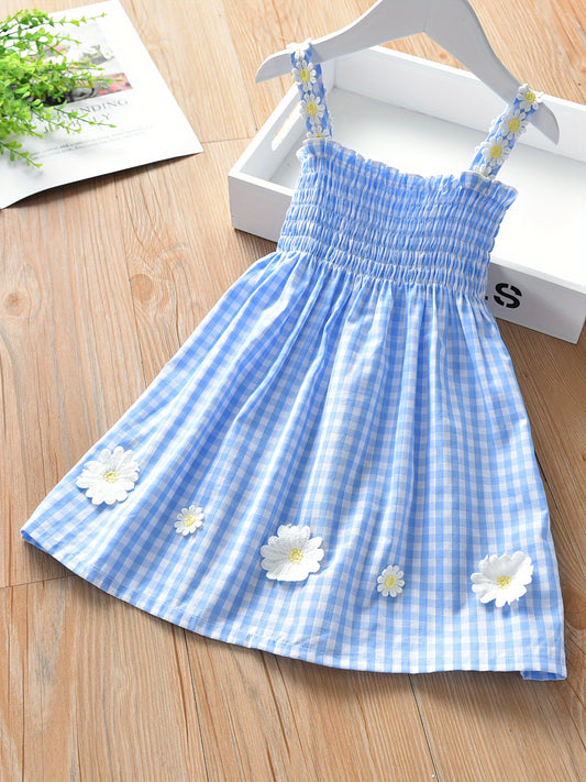 Comfy 95% Cotton Flower Decor Plaid Cami Dress Summer Party Gift For Girls