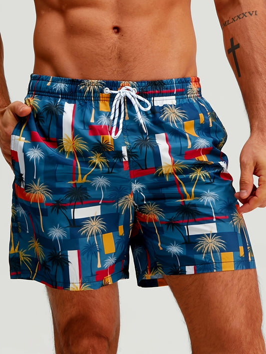 Men's Beach Shorts with Drawstring, Non-Stretch Polyester Fabric, Machine Washable - Sporty Style