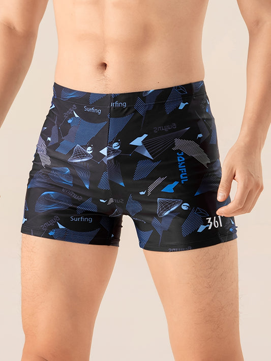 Men's Geometric Print Boxer Sports Swimming Trunks, Active Breathable Skinny Sports Swimwear For Summer Beach Pool Swimming Surfing