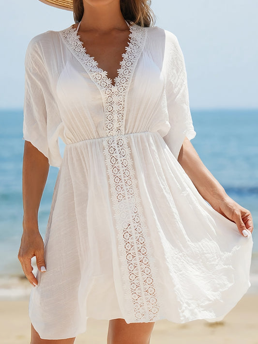 YY0207545) Women'S V-Neck Lace Patchwork Solid Color Beach Cover-Up Dress for Summer