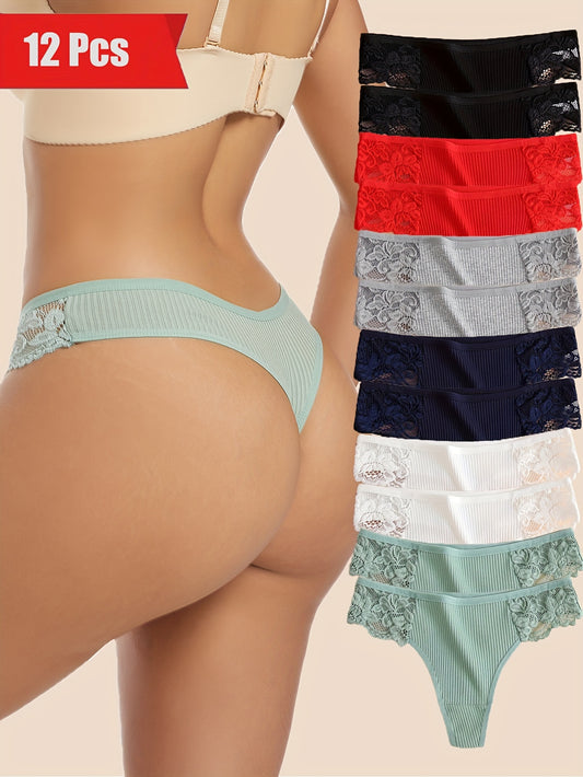 12-Pack Elegant Women'S Cotton Thongs - Mid Rise, Knit Fabric, Solid Color, Comfortable Everyday Underwear