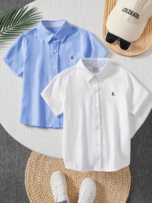 Two-pack of boys' short-sleeved shirts, casual and simple collar solid color tops for boys in college style school uniform base layer children's versatile clothing for middle and older children new summer clothes